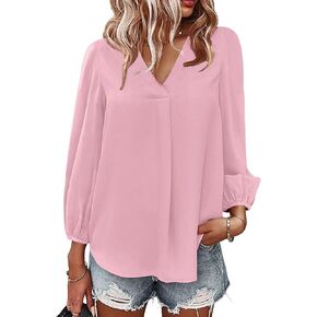 Spriolim Women's Long Sleeve V Neck Shirt Dressy Pleated Top Casual Loose Chiffon Blouses