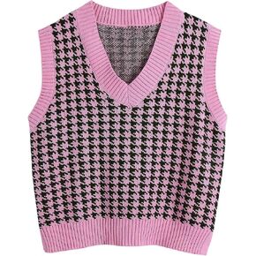 Sdencin سترة نسائية منسوجة بنمط houndstooth سترة بدون أكمام فضفاضة برقبة على شكل حرف v 90s صدرية بلوفر تريكو in Kuwait
