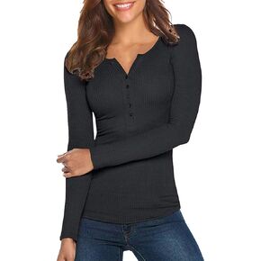 Tobrief Women's Henley Shirts Long Sleeve V Neck Ribbed Button Down Knit Sweater Fitted Tops