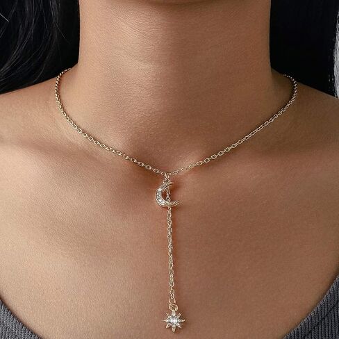 Edary Boho Moon Y-Necklace الهلال القلائد سلسلة كريستال قلادة القلائد سلسلة مجوهرات اكسسوارات للنساء والفتيات (الذهب) in Saudi Arabia