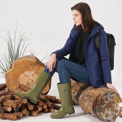 Cute Tall Rain Boots for Women, Waterproof Non-Slip Garden Boots | Fashion Glossy Rubber Boots, Lightweight Outdoor Garden Shoes, Work Booties, Mud Boots, Farm Boots, Removable Comfort Insole in Kuwait
