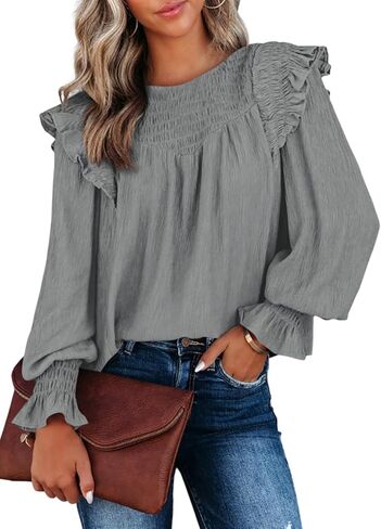 Dokotoo Casual Womens Tops Bubble Long Sleeve Crewneck Smocked Ruffle Shirts Blouses in Saudi Arabia