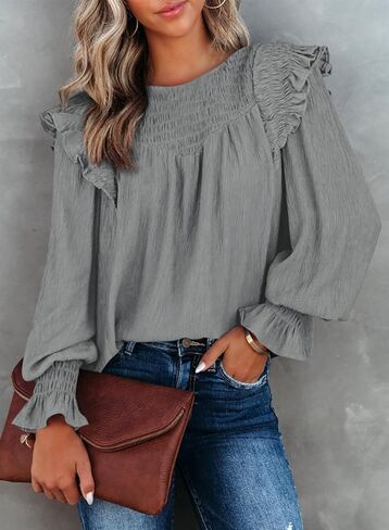 Dokotoo Casual Womens Tops Bubble Long Sleeve Crewneck Smocked Ruffle Shirts Blouses in Saudi Arabia