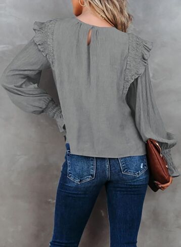 Dokotoo Casual Womens Tops Bubble Long Sleeve Crewneck Smocked Ruffle Shirts Blouses in Saudi Arabia
