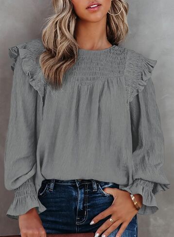 Dokotoo Casual Womens Tops Bubble Long Sleeve Crewneck Smocked Ruffle Shirts Blouses in Saudi Arabia