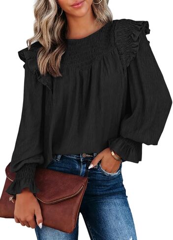 Dokotoo Casual Womens Tops Bubble Long Sleeve Crewneck Smocked Ruffle Shirts Blouses in Saudi Arabia