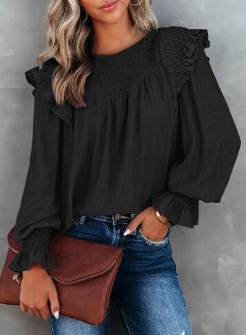 Dokotoo Casual Womens Tops Bubble Long Sleeve Crewneck Smocked Ruffle Shirts Blouses in Saudi Arabia