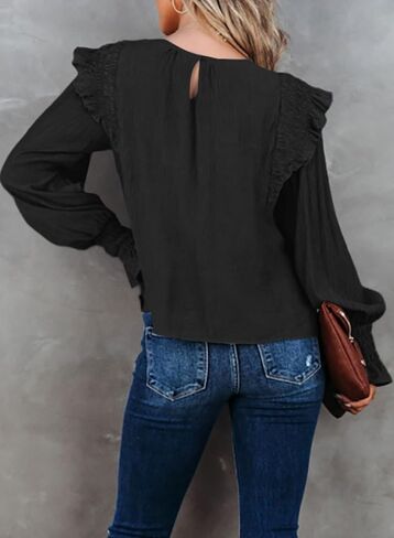 Dokotoo Casual Womens Tops Bubble Long Sleeve Crewneck Smocked Ruffle Shirts Blouses in Saudi Arabia