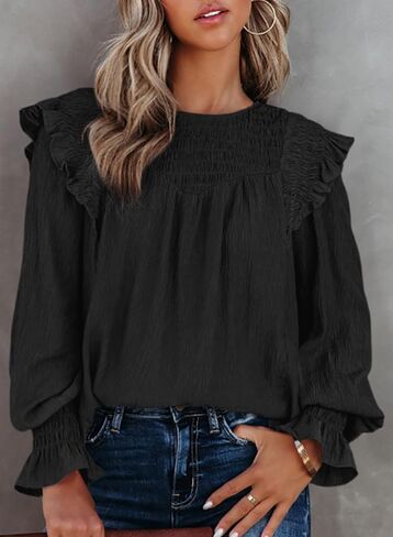 Dokotoo Casual Womens Tops Bubble Long Sleeve Crewneck Smocked Ruffle Shirts Blouses in Saudi Arabia