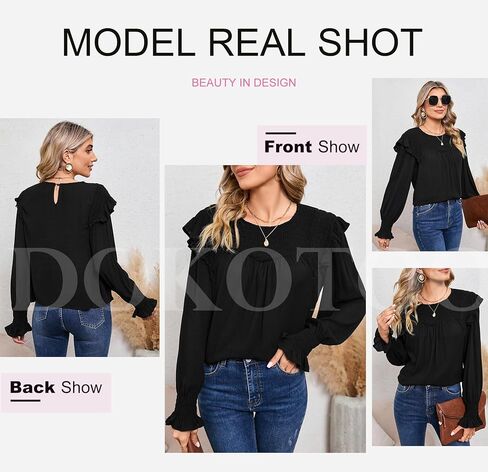 Dokotoo Casual Womens Tops Bubble Long Sleeve Crewneck Smocked Ruffle Shirts Blouses in Saudi Arabia