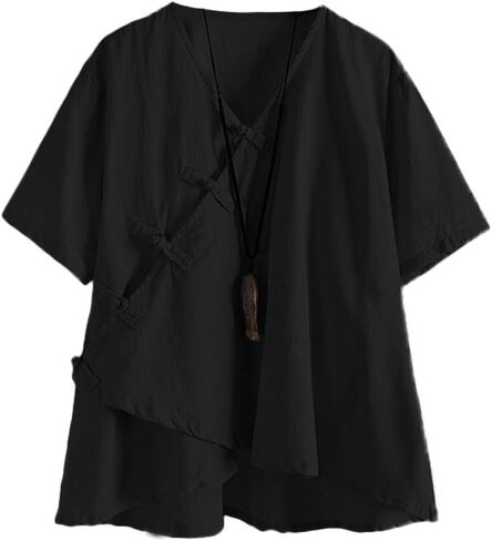 Minibee Women's Linen Retro Chinese Frog Button Tops Blouse in Kuwait