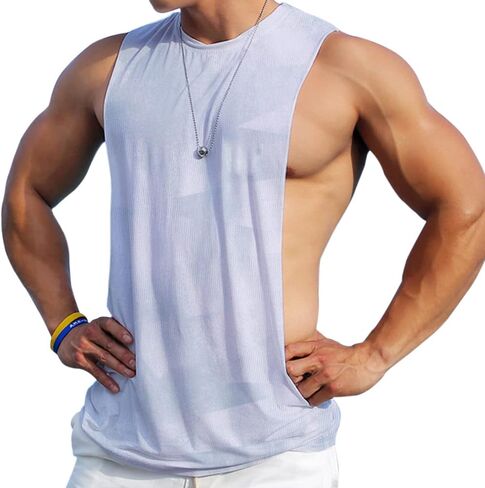 Ychnaim Men's Sleeveless Muscle Stringer Tank Top Cut Open Gym Training Bodybuilding Vest Shirts in Kuwait