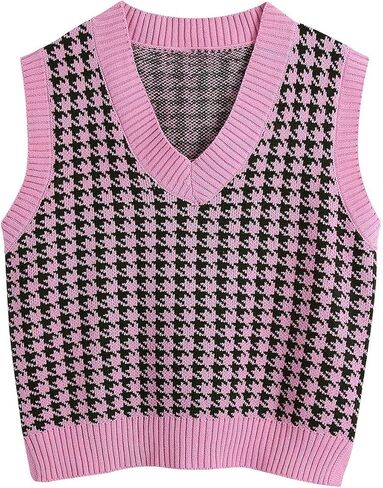 Sdencin سترة نسائية منسوجة بنمط houndstooth سترة بدون أكمام فضفاضة برقبة على شكل حرف v 90s صدرية بلوفر تريكو in Saudi Arabia