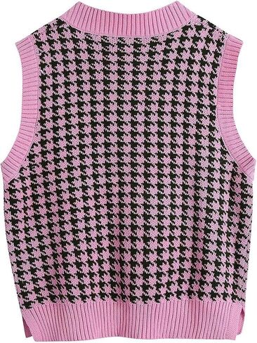Sdencin سترة نسائية منسوجة بنمط houndstooth سترة بدون أكمام فضفاضة برقبة على شكل حرف v 90s صدرية بلوفر تريكو in Saudi Arabia