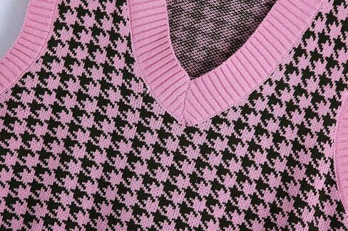 Sdencin سترة نسائية منسوجة بنمط houndstooth سترة بدون أكمام فضفاضة برقبة على شكل حرف v 90s صدرية بلوفر تريكو in Saudi Arabia
