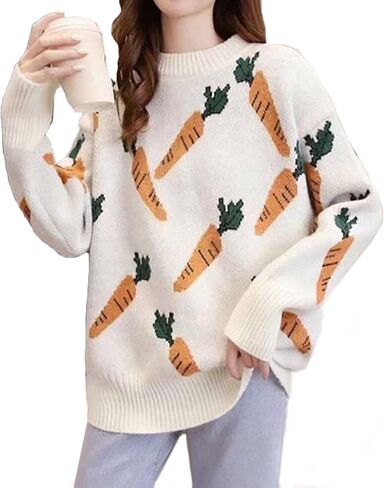 Womens Knitted Orange Sweater Casual Loose Long Sleeve Pullover Sweater Tops in Kuwait