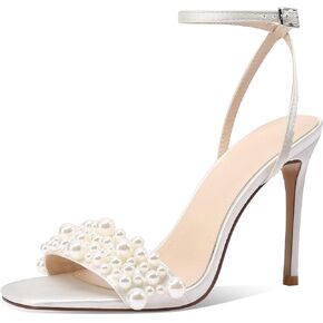 صنادل نسائية من amiuwen لؤلؤة الزفاف، حفلة موسيقية، حفلة، زفاف، حزام الكاحل، مقدمة مربعة مفتوحة، كعب 4 بوصات، مثير، أنيق، أنيق in Kuwait