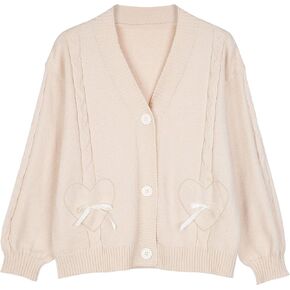 Women Kawaii Sweater Cardigan with Cute Bowknot and Heart S-2XL