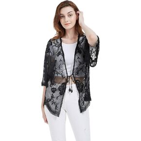 Anna-Kaci Womens Short Embroidered Lace Kimono Crop Cardigan with Half Sleeves in Saudi Arabia