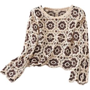 Women Y2k Crochet Floral Knit Pullover Long Sleeve V Neck Sweater Aesthetic Hollow Out Oversized Jumper Top