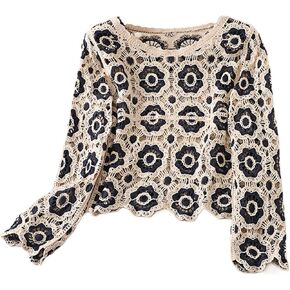 Women Y2k Crochet Floral Knit Pullover Long Sleeve V Neck Sweater Aesthetic Hollow Out Oversized Jumper Top