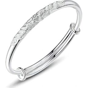 S925 Silver Bangle Bracelet for Women, Elegant Women‘s Sterling Silver Bracelet Bangle Adjustable 6.4-7.8 inches Small Size