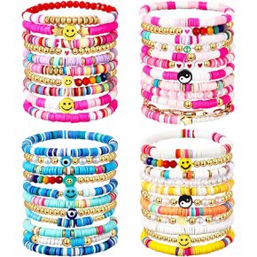 44 Pcs Heishi Preppy Bead Bracelets Colorful Clay Friendship Bracelet Y2K Stretch Beach Gold Bracelets for Women Girls in Saudi Arabia