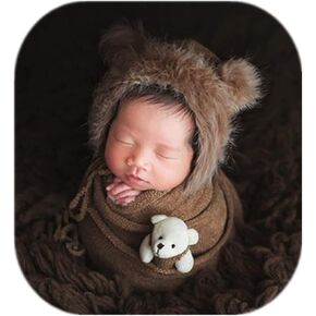 Vemonllas Newborn Photography Props Outfits Girl Boy Teddy Bear Hat with Wrap Stretch Blanket Baby Photo Props in Saudi Arabia
