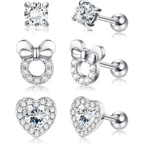 Milacolato 3Pairs 925 Sterling Silver Stud Earrings for Women Girls 18K White Gold Plated Cubic Zirconia Heart Mouse Stud Earrings Hypoallergenic 18G Cartilage Tragus Helix Screwback Stud Earrings Set for Kids Toddlers Teens
