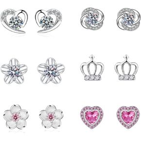 GUROTD 6 أزواج من الأقراط الفضية الاسترلينية للنساء والفتيات 925 أقراط فضية صغيرة على شكل زهرة قلب على شكل فراشة أقراط هيبوالرجينيك مكعب زركونيا الماس مجموعة أقراط مرصعة in Kuwait