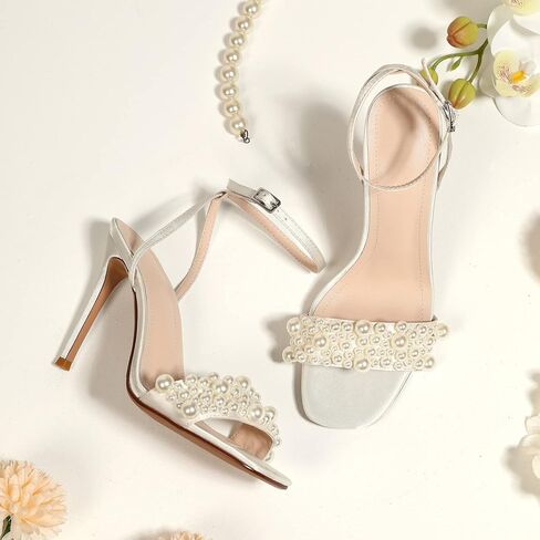 صنادل نسائية من amiuwen لؤلؤة الزفاف، حفلة موسيقية، حفلة، زفاف، حزام الكاحل، مقدمة مربعة مفتوحة، كعب 4 بوصات، مثير، أنيق، أنيق in Kuwait