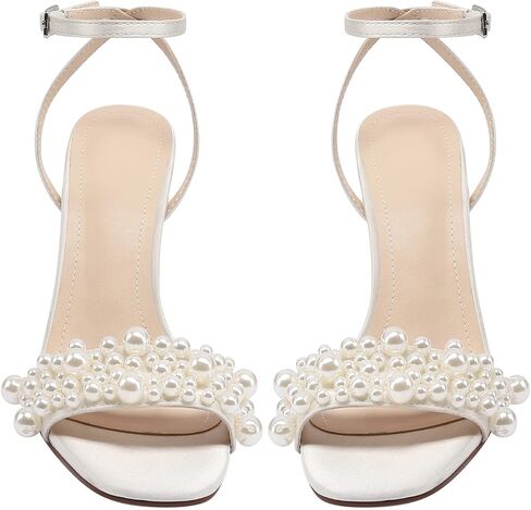 صنادل نسائية من amiuwen لؤلؤة الزفاف، حفلة موسيقية، حفلة، زفاف، حزام الكاحل، مقدمة مربعة مفتوحة، كعب 4 بوصات، مثير، أنيق، أنيق in Kuwait