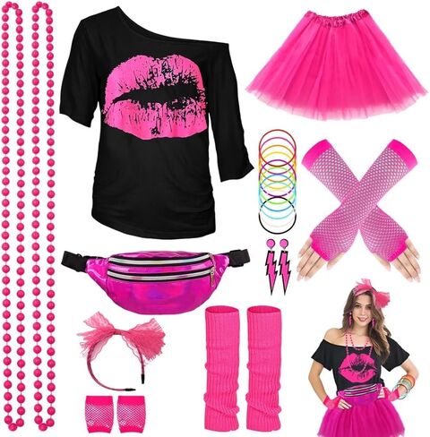 WILDPARTY 80s Outfit for Women Party Accessories, Lip Print T-shirt Tutu Fanny Pack 1980s Costume Neon Retro Theme Cosplay in Saudi Arabia