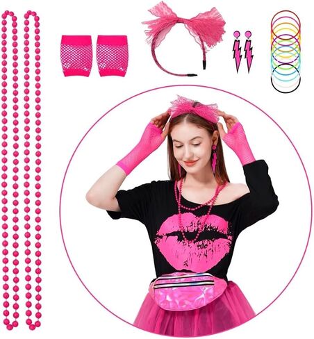 WILDPARTY 80s Outfit for Women Party Accessories, Lip Print T-shirt Tutu Fanny Pack 1980s Costume Neon Retro Theme Cosplay in Saudi Arabia