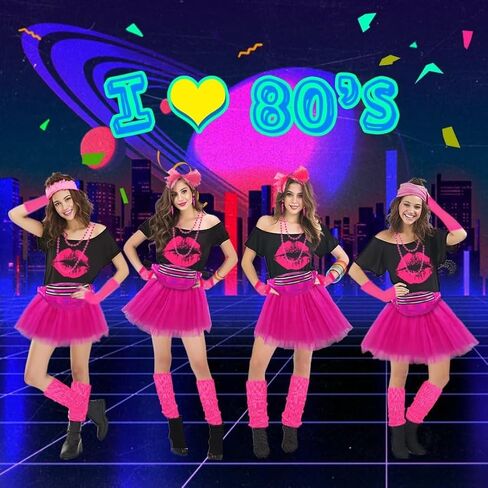 WILDPARTY 80s Outfit for Women Party Accessories, Lip Print T-shirt Tutu Fanny Pack 1980s Costume Neon Retro Theme Cosplay in Saudi Arabia