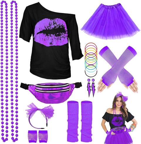 WILDPARTY 80s Outfit for Women Party Accessories, Lip Print T-shirt Tutu Fanny Pack 1980s Costume Neon Retro Theme Cosplay in Saudi Arabia