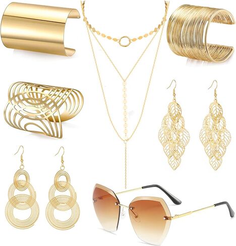 FIRAZIO 7 Pieces 70s Disco Accessories Costume Jewelry Set For Women Rimless Diamond Cutting Sunglasses Gold Cuff Bangle Bracelet Layered Choker Necklace Disco Earrings in Saudi Arabia