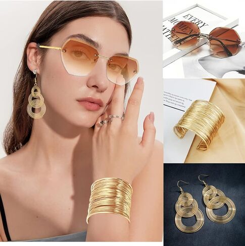 FIRAZIO 7 Pieces 70s Disco Accessories Costume Jewelry Set For Women Rimless Diamond Cutting Sunglasses Gold Cuff Bangle Bracelet Layered Choker Necklace Disco Earrings in Saudi Arabia