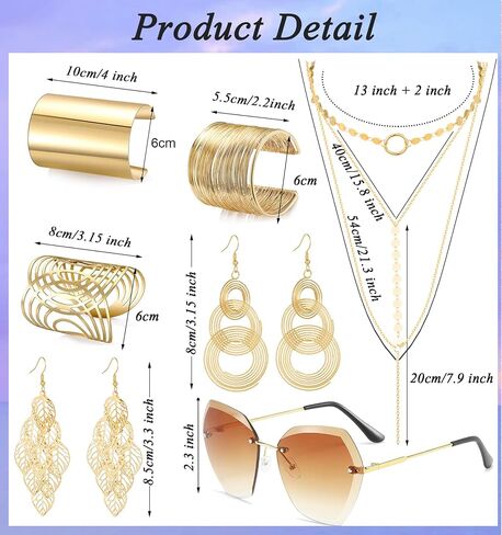 FIRAZIO 7 Pieces 70s Disco Accessories Costume Jewelry Set For Women Rimless Diamond Cutting Sunglasses Gold Cuff Bangle Bracelet Layered Choker Necklace Disco Earrings in Saudi Arabia