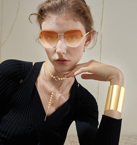 FIRAZIO 7 Pieces 70s Disco Accessories Costume Jewelry Set For Women Rimless Diamond Cutting Sunglasses Gold Cuff Bangle Bracelet Layered Choker Necklace Disco Earrings in Saudi Arabia