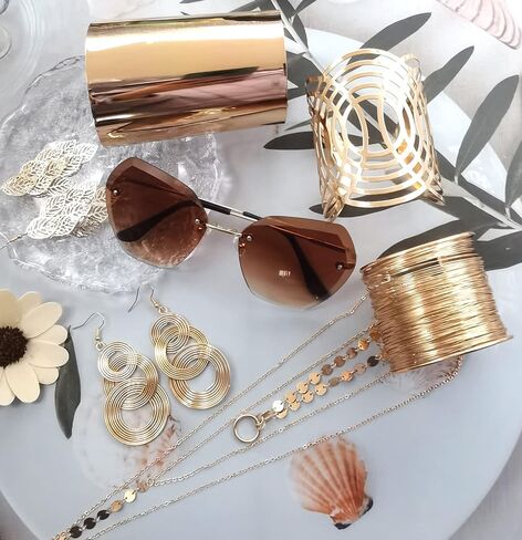 FIRAZIO 7 Pieces 70s Disco Accessories Costume Jewelry Set For Women Rimless Diamond Cutting Sunglasses Gold Cuff Bangle Bracelet Layered Choker Necklace Disco Earrings in Saudi Arabia