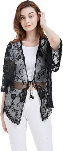 Anna-Kaci Womens Short Embroidered Lace Kimono Crop Cardigan with Half Sleeves in Kuwait