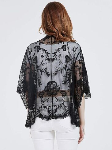 Anna-Kaci Womens Short Embroidered Lace Kimono Crop Cardigan with Half Sleeves in Kuwait