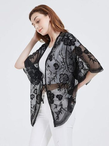 Anna-Kaci Womens Short Embroidered Lace Kimono Crop Cardigan with Half Sleeves in Kuwait