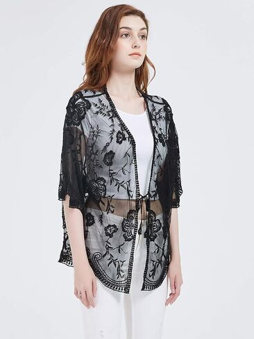 Anna-Kaci Womens Short Embroidered Lace Kimono Crop Cardigan with Half Sleeves in Kuwait