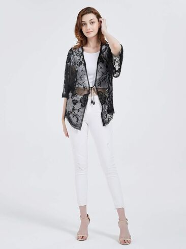 Anna-Kaci Womens Short Embroidered Lace Kimono Crop Cardigan with Half Sleeves in Kuwait