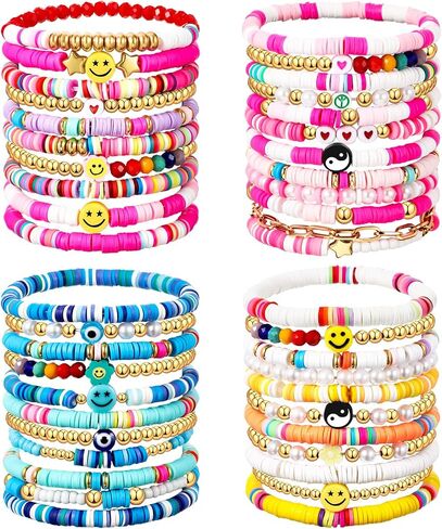44 Pcs Heishi Preppy Bead Bracelets Colorful Clay Friendship Bracelet Y2K Stretch Beach Gold Bracelets for Women Girls in Kuwait