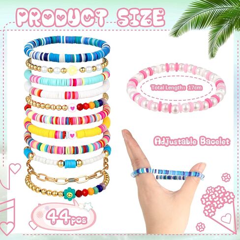 44 Pcs Heishi Preppy Bead Bracelets Colorful Clay Friendship Bracelet Y2K Stretch Beach Gold Bracelets for Women Girls in Kuwait