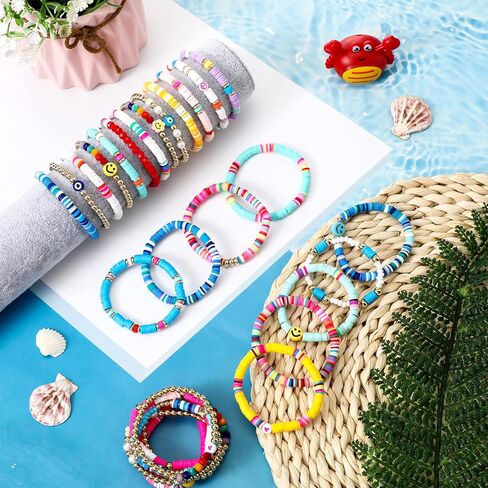 44 Pcs Heishi Preppy Bead Bracelets Colorful Clay Friendship Bracelet Y2K Stretch Beach Gold Bracelets for Women Girls in Kuwait