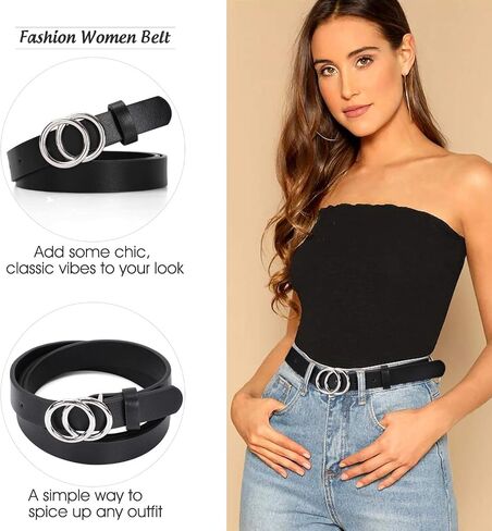 SANSTHS Double Ring Leather Belts for Women O-Style Gold Buckle Skinny Dress Belt 0.86 inch Width for Jeans Pants in Saudi Arabia